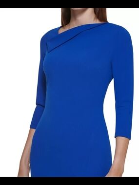 Calvin KLEIN SIZE 10 NWT Royal Blue Sheath Dress with Asymmetric Fold Neckline